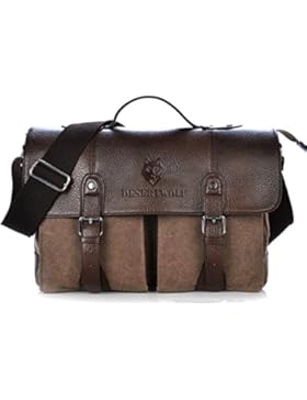 DesertWolf Canvas PU Leather Vintage Cross Body Messenger Bag/Briefcase Fit 13.3 inch Laptop