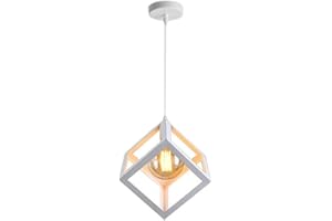 STOEX Suspension Luminaire Industrielle Contemporain, Lustre Abat-Jour Plafonnier en Métal Fer Cage E27 (Cube-Blanc)