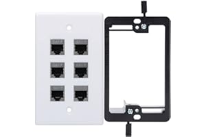 YOEMELY Cat7 Keystone Wall Plate 6 Port, 1 Gang RJ45 Wall Plate with Metal Coupler Female to Female and Single Gang Drywall Bracket for Ethernet Cables (White, 1 Pack)