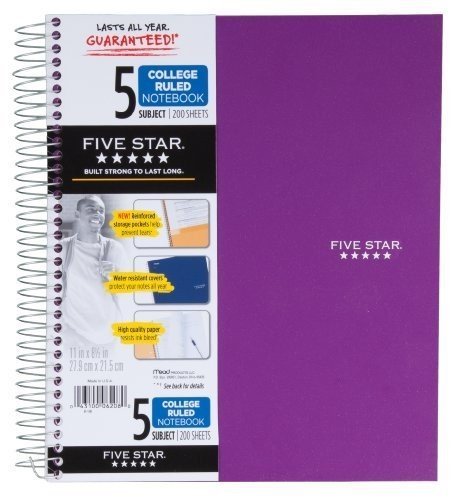 Al por mayor funda de 15 - Mead Five Star de espiral doble notebooks-notebook, 5-SUBJECT/8-Pocket, 200 shts, 11 "x8 - 1/2", varios colores