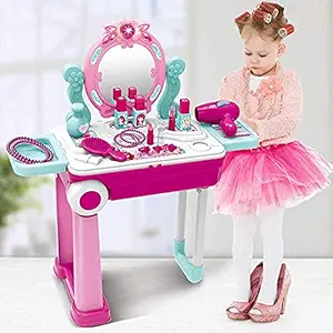 Catron Beauty Makeup Kit for Doll Girls Cosmetic Set 2 in 1 Vanity Table Portable Trolley Pretend Play Set Toy with Make up Accessories for Kids Plastic (Pink)