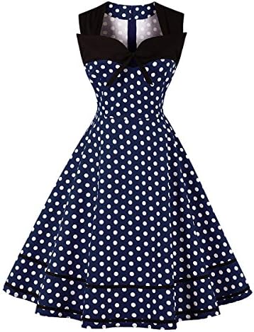 QiuLna Women Sleeveless Patchwork Polka Dot Bowknot Skirt Retro Vintage 1950s Style Cocktail Party Wedding Homecoming Midi Swing Dress (3X-Large,Navy Blue Polka Dots)