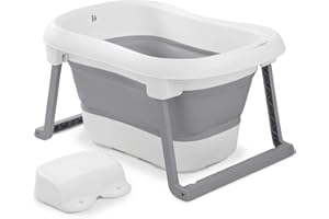 hauck Faltbare Babybadewanne mit Hocker Wash N Fold L für Babys & Kleinkinder ab Geburt bis 18 kg, Ablaufstöpsel mit Farbwechsel bei Hoher Temperatur, Weiche Materialien, 80 x 56 x 44 cm (White Stone)