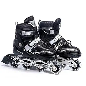 Sisliya Adjustable Roller Skates for Beginners, Intermediates and Professionals for Adult Boy and Girl, Inline Skates with LED Flash Light On Wheels for Kids || Black&White