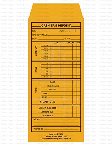 Cashier Depot EZ400 Cashier's Deposit Envelope, 4 1/8 x 9 1/2, Heavy 28lb, 500/Box by Cashier Depot