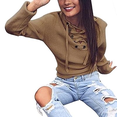 La Cabina Femme Sexy Pull Sweater Hoodie Sweat-shirt en Tricotage & Lacet Réglable Manches Longues pour Soirée Cocktail Taille EU M (Marron)