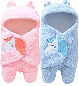 BRANDONN Baby Blankets New Born Hooded Wrapper Cum Sleeping Bag, Pink, Sky Blue, Pack of 2.?