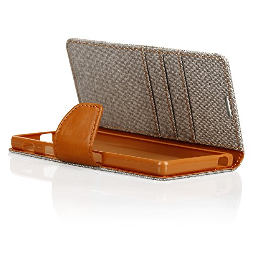EGO® Luxury Bookstyle Handy Tasche mit praktischer Aufstellfuntkion für Sony Xperia Z5 Grau Flip Case Magnetverschluss Book Cover mit Kartenfach Wallet Stand Schutz Hülle Canvas - 5