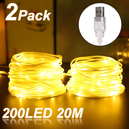 LED Copper Rope Lights, ALED LIGHT 20m(2x10m) USB 5V Starry Fairy Lights with 200 LEDs Warm White Copper Wire IP68 Waterproof Decorative Lights String for Patio, Holiday, Christmas, Garden, Wedding