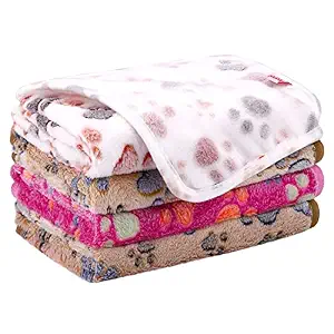 Pedgot 4 Pieces Fluffy Dog Blankets with Paw Print 30 x 20 Inches Soft and Warm Pet Throw Blankets Sleep Bed Mat for Small Dogs and Cats (Brown, White, Pink)