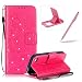 Produktbild iPhone 4S Hülle Lanyard Leder Brieftasche Case,iPhone 4 Strap Schutztasche Leder Hülle,Herzzer Prämie Bling Glitzer Diamanten Einfarbig [Schmetterling Blätter Geprägte Geschnitzte] PU Leder Geldbörse Bookstyle Magnet Kartenfach Schutzhülle Tasche Leder Handyhülle Case Cover für iPhone 4/4S + 1 x Frei Rosa Handy Halterung Ständer + 1 x Frei Rosa Touch Pen Stift Stylus - Heiß Rosa
