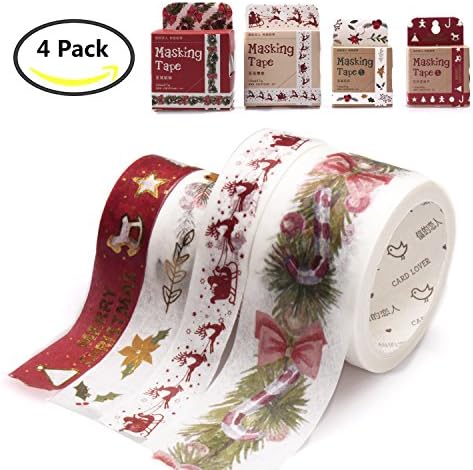 BUWANT Washi Tape of Christmas Wreath Elk Pine 4 Set Paper Masking Tapes for Xmas Decorative