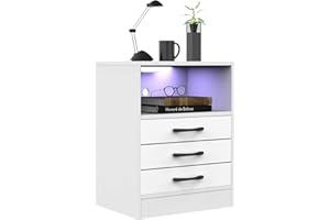 HAODACULTURE Mesita de noche con iluminación de 16 colores, luces LED, cabecera de cama con estación de carga, mueble de almacenamiento, mesa, mesa de noche con 3 cajones para salón45x35x60cm,blanco