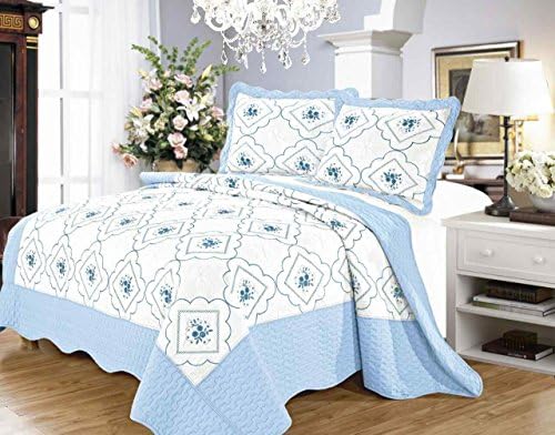 3 Piece Polycotton Floral Embroidered Quilted Bedspread Comforter Throw - Single Double King Size (King Bed, Blue)