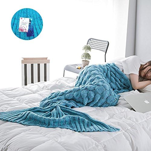 Mermaid Tail Blanket, LOVELIFE STORE Hand-Knitted Fish Scale Model Stay Warm Soft Air Condi sofa Sleeping Bag in Adults (Peacock blue)