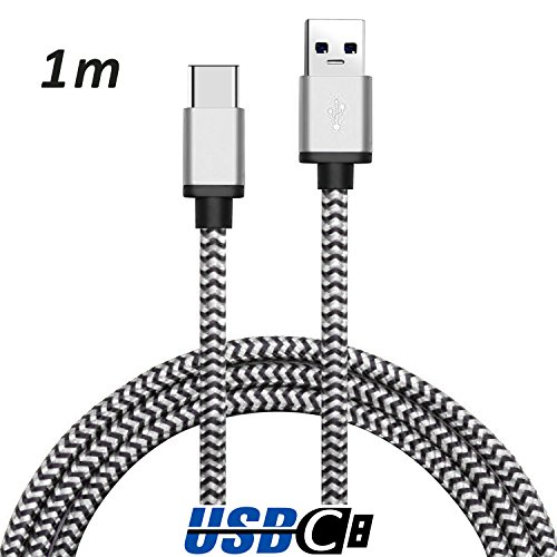 Original COVERLOUNGE – Nylon USB Typ C Kabel [3-Pack] / Datenkabel / Ladekabel [2.1 A] für alle Samsung Smartphones mit USB Typ C Anschluss | Farbe: Weiß / Silber | Länge: 1 Meter / 1m - 2