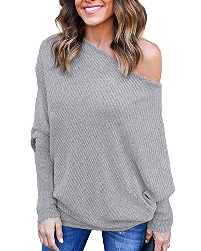 Imixcity Mujeres un Hombro/Fuera Hombro/Hombro frío Suéter de Hombro Manga Larga Batwing Pullover Tops Elegantes Blusas Sueltas (Gris, S)