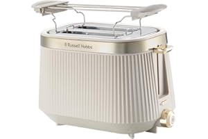 Russell Hobbs Grille pain [pour 2 tranches] Brontë Stone (6 réglages, finition beige mate, accents dorés, décongélation, réchauffage, surélévation, Lift et Look, support pour petits pains) 26761-56