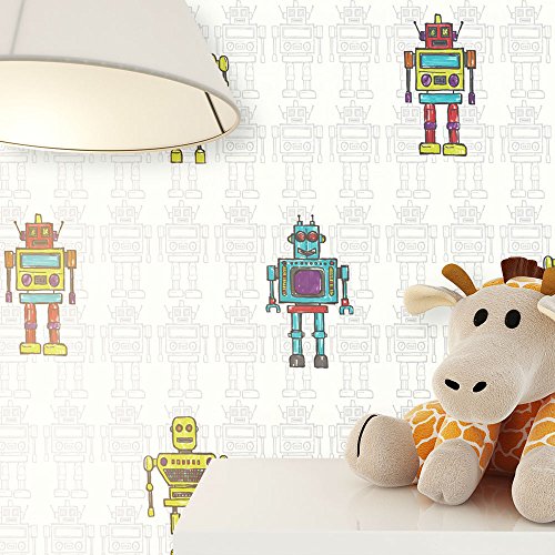 Kindertapete im Roboter Design Türkis, Gelb, Grün , schöne tolle Tapete für Jungen und Mädchen , Deco Technik inklusive Newroom Tapezier Ratgeber mit Tipps für perfekte Wände