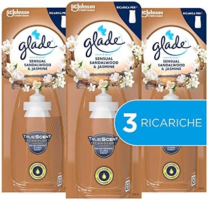 Glade Sense & Spray Profumatore per Ambienti con Oli Essenziali e Sensore di Movimento, Fragranza Gelsomino e Sandalo di Bali, 3 Ricariche