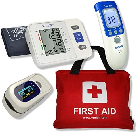 TempIr Discounted Multi Pack - First Aid Kit Contains over 100 Items - Finger Pulse Oximeter - Body Temperature Thermometer - Arm Blood Pressure monitor - 4 essential Health Items at a special pack Price. CE Approved and Money Back Guarantee.