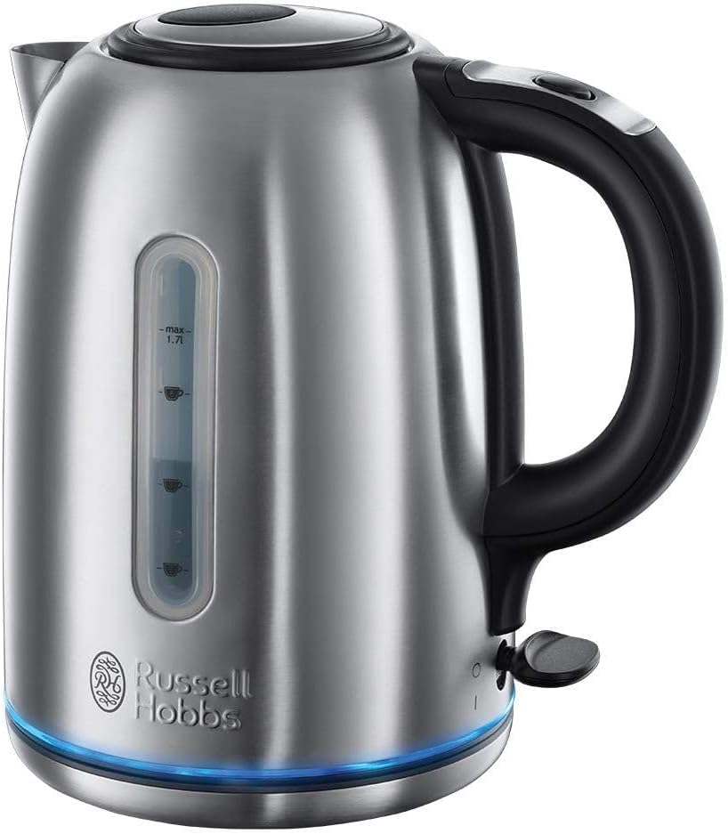 Russell Hobbs Brushed Stainless Steel Electric 1.7L Cordless Kettle (Quiet & Fast Boil 3KW, Removable washable anti-scale filter, Push button lid, Perfect pour spout) 20460