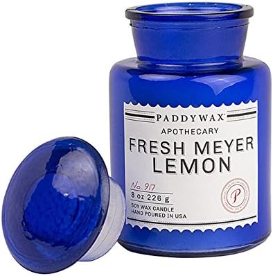 Paddywax - BLUE APOTHECARY COLLECTION - Luxury Fine Fragranced SOY WAX Candle - Artisan Poured - 8oz - 60 Hour - RECYCLABLE BLUE APOTHECARY BOTTLE - FRESH MEYER LEMON