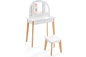 LIFEZEAL 2 en 1 Tocador Infantil con Taburete, Juego de Mesa de Maquillaje de Madera con Espejos Plegables extraíbles, Escritorio con Silla para Dormitorio, Adecuado para niñas 3-7 años (Blanco)
