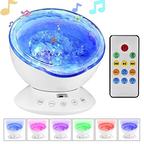 Preisvergleich Produktbild Stimmungslicht FKANT Kinderlampe Ozeanwelle Projektor 12LED Nachtlicht Kindergeschenke mit Fernbedienung, Timerfunktion Lautsprecherfunktion 7 Farbkombination 4 eingespeicherte Naturklängen Romantische Dekoration für Baby Kinder Spielzeug Wohnzimmer Party Kindergeburtstag