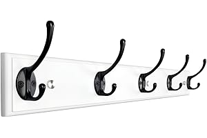 lomejii Perchero de pared de madera con 5 ganchos, 60 cm, fuerte perchero para abrigo, sombrero, bolso, perchero grande y moderno para la entrada, pasillo, dormitorio, color blanco