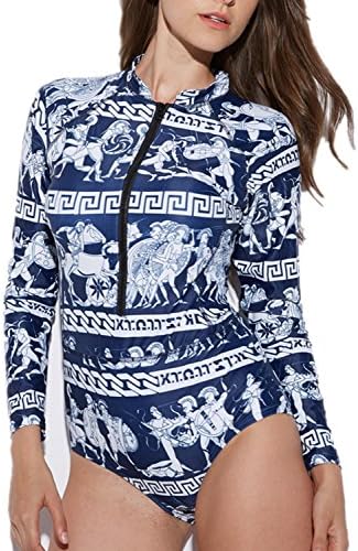 Migaoeco Women's Long Sleeve One Piece Front Zip up Swimsuit Floral Print Zipper Sun UV Protection Swimwear Rash Guard Quick-Drying Sport Bathing Suit Surfing Bikini