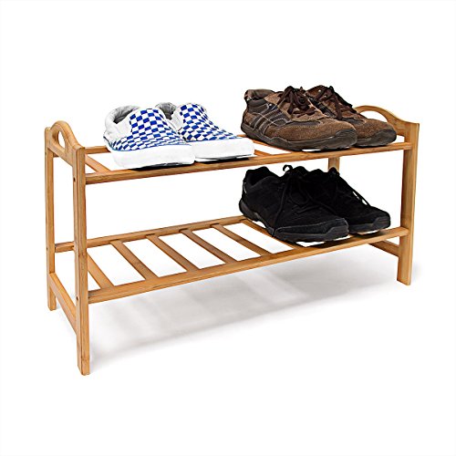 Relaxdays Bambus Schuhregal H x B x T: ca. 40,5 x 69 x 26 cm Schuhschrank mit praktischen seitlichen Griffen und 2 Ablagen für Ihre Schuhpaare zur Schuhaufbewahrung aus Holz als stabiles Regal, natur