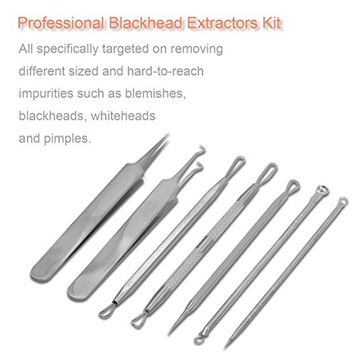 Becoyou 7 Stücke Mitesserentferner mit Lederhülse – Komedonenquetscher Set aus Edelstahl – Nagelhautschieber Werkzeug Pickel Whiteheads Akne Extraktoren für Gesundheit Behandlung - 7