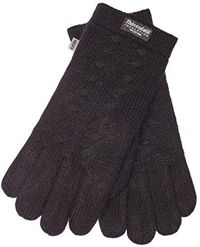 EEM - Guantes de punto Freya para mujer, con patrón trenzado y forro ThinsulateTM, 100% lana, de invierno negro Large 