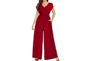 Coloody Mono largo para mujer mono de manga corta cuello en V elegante pantalón de pierna ancha con bolsillos