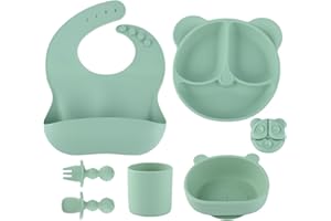 Wooshwa Kindergeschirr Baby-Teller, 6-teiliges Set Kinderteller mit Saugnapf, Teller Lätzchen Schüssel Löffel Gabel Baby Tasse (Lichtgrün)…
