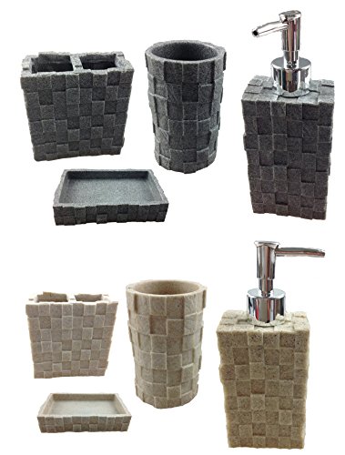 Bad Set Badezimmer Badgarnitur Stein Optik Seifenspender Zahnputzbecher Badset (69-8 grau) - 2