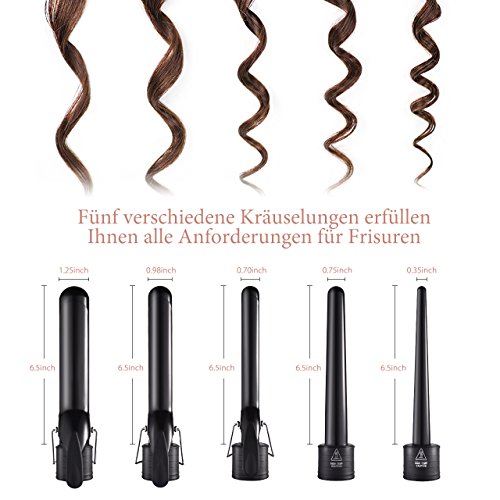 Lockenstab, HoLife 5-in-1 Austauschbare Lockenwickler 9-32mm für Große Kleine Locken mit Keramikbeschichtung, Schminktisch-schützenden Stahl-Stabständer, Anti-Hitzehandschuh(mit 5 Haar Clips, Schwarz) - 4