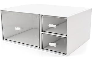HCLRW Desktop Organizer Stackable Storage Drawers with 3 Compartments Stackable Drawers Great for Desk Storage, Makeup Storage Bathroom Organization Accessories Etc (White)