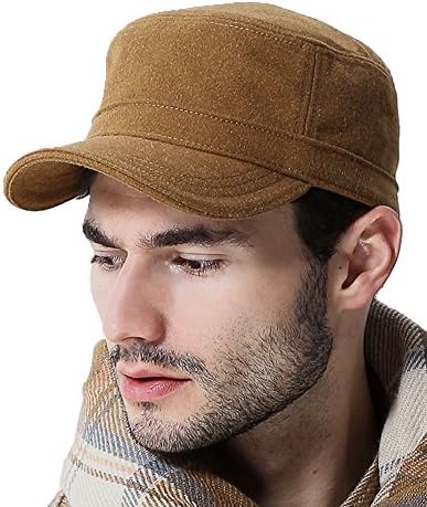 AUBREYRENE Mens Army Cap,Cotton and Flannel Classic Casual Hat,Adjustable(Light tan)