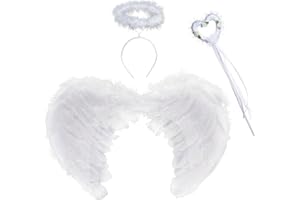 YOLYOO Engelsflügel Angel Wings Enge Kostüm Engelsflügel Deko mit Heiligenschein und Zauberstab Damen Party Kostüme Deko (Weiß)