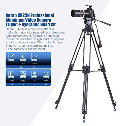 Andoer Benro KH25N Profesional Trípode Aleación de Aluminio de Video + Ballhead Hidráulica MAX Carga 5 kg para Canon Nikon Sony Videocámara Cámara