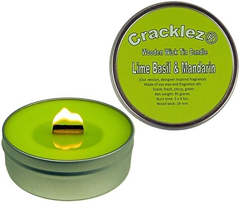 Cracklez Crackling Scented Wooden Wick Tin Candle Lime Basil & Mandarin. Designer Perfume Inspired.
