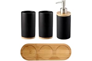 OnePine Set di 4 Accessori per Bagno, Ceramica, con Dispenser per Sapone, Portaspazzolino, Bicchiere per Lo Spazzolino, Vassoio di bambù