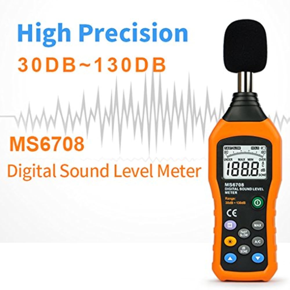 Schallpegelmessgerät, TKSTAR Digital Sound meter Digital Schallpegelmesser LCD Bildschirm Ton Monitor dB Meter MS6708 Tragbarer Digital Dezibel Schallpegelmesser Reader, Rauschmessung Messbereich 30-130 dBA Genauigkeit 1, 5dB