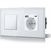 BSEED 1 Gang 2 Way Switch with USB/Type C Plug, Glass Frame, 10A Wall Switches with Phosphorescent Point, Horizontal or Verti