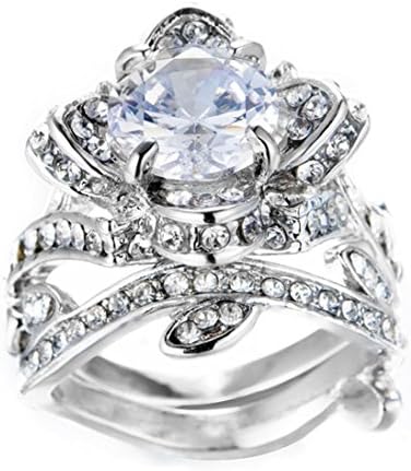 Womens Vintage Silver Rose Diamond Rings, GreatestPAK Goddess Beautiful Engagement Wedding Ring (Sliver, 10)