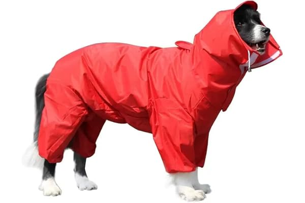 Bhumi Enterprises Polyester Dog Raincoats Rain Snow Coats Waterproof Clothing 4 Four Legs Raincoat Full-Cover Dogs Hooded Poncho (Red) (28) - 1 Count