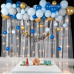 Birthday Decorations for boys , Blue and Gold DIY Combo Kit with white net Curtain cloth and Fairy Lights - 75 pc , Balloons, LED, Garland Arch Tape, backdrop ,themed for boys ,5th , 10th ,12th bday , kids , baby