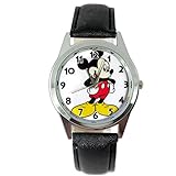 TAPORT® Unisex Uhr Analog Quarzwerk mit Leder Armband Mickey Mouse Schwarz Rund